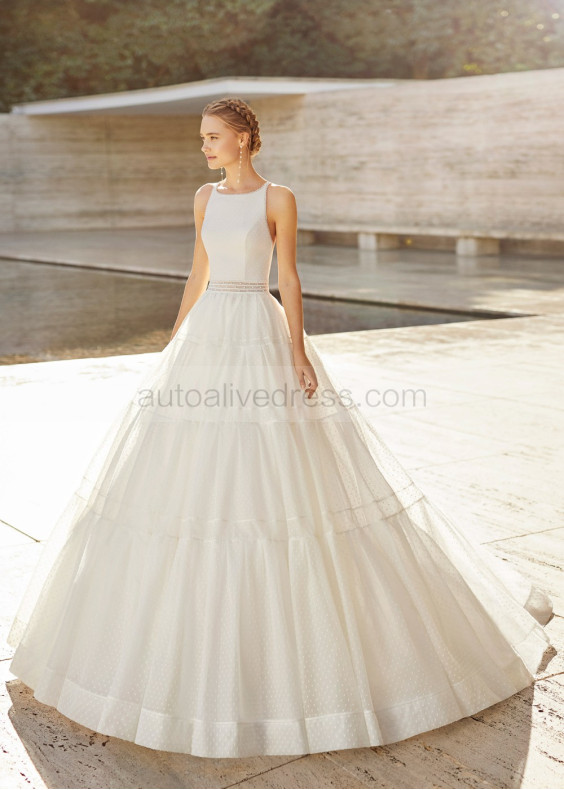 Ivory Dotted Tulle Cross Back Sweet Long Wedding Dress